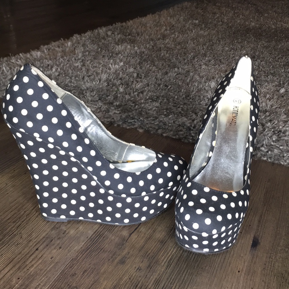 Black and white polka dot wedge heels